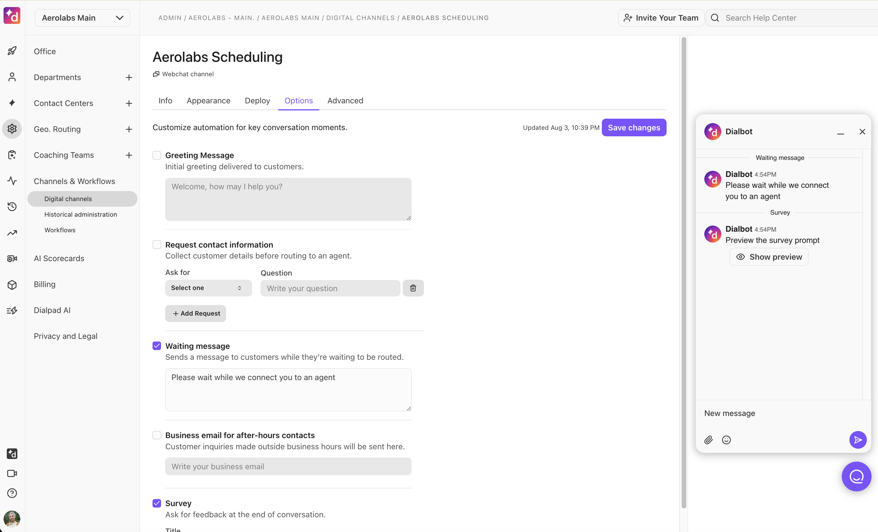 Aeroplabs scheduling interface showing options for customer interaction and automation settings.